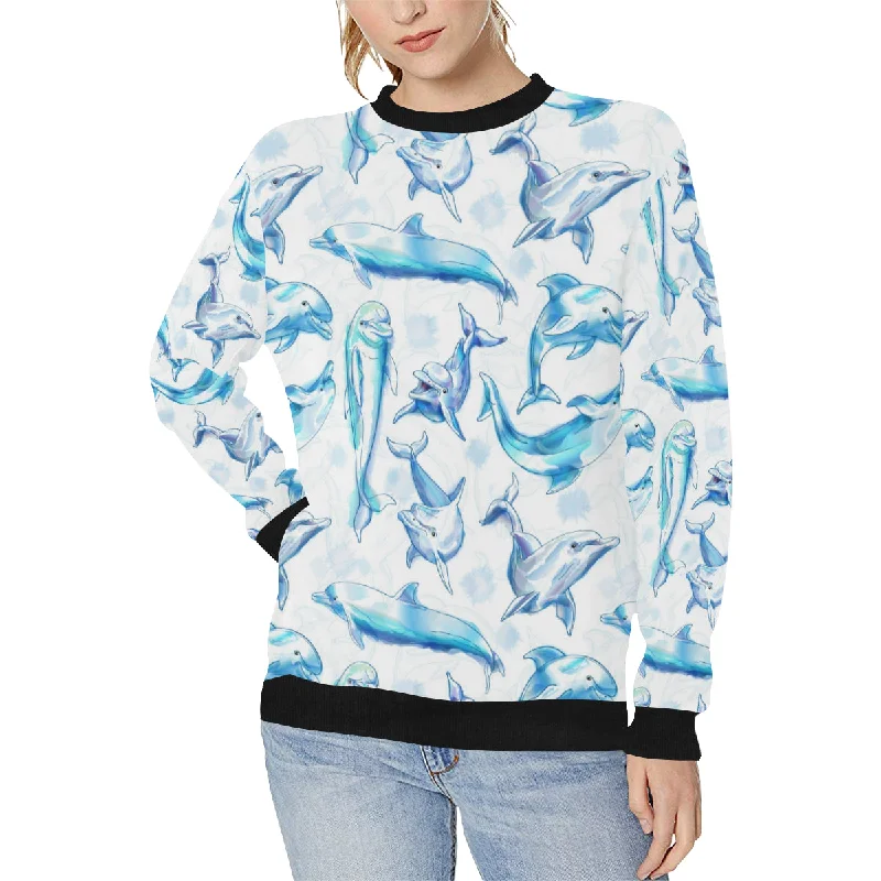 Watercolor dolphin pattern Women's Crew Neck Sweatshirt Hoodie with Strings Custom Fit Adjustable Watercolor dolphin pattern Women's Crew Neck Sweatshirt Hoodie with Strings Custom Fit Adjustable