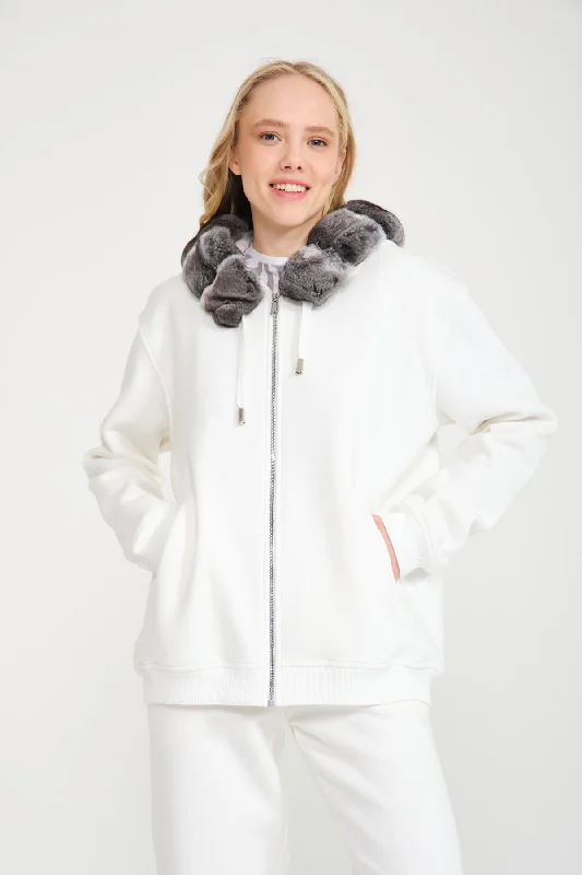 White Chinchilla Fur Zipped Hoodie & Jogger Set Hoodie with V-Neck Classic Versatile White Chinchilla Fur Zipped Hoodie & Jogger Set Hoodie with V-Neck Classic Versatile