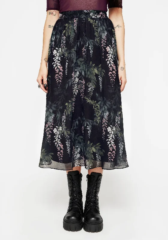 Wisteria Floral Print Chiffon Midi Skirt pleated skirt texture