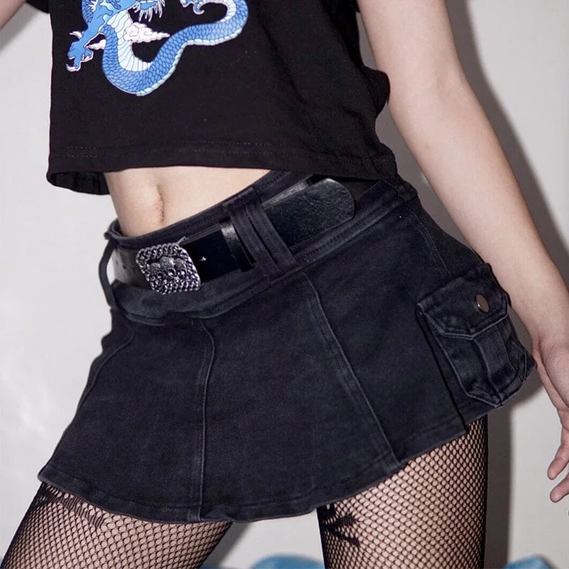 Women's Denim Dark Gothic Skull Belt Skirt satin skirt smooth