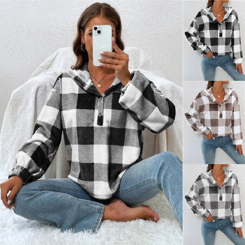 Women's Fashion Plaid Half Open Collar Button Hooded Plush Sweatshirt Hoodie with Back Slit Movement Comfort Women's Fashion Plaid Half Open Collar Button Hooded Plush Sweatshirt Hoodie with Back Slit Movement Comfort
