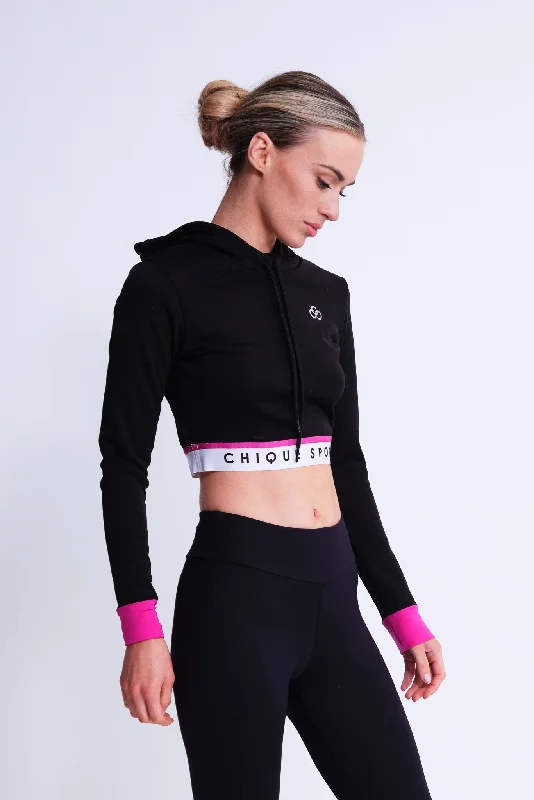 Fearless Crop Hoodie in Black and Fuchsia Hoodie with Patch Decorative Personalized