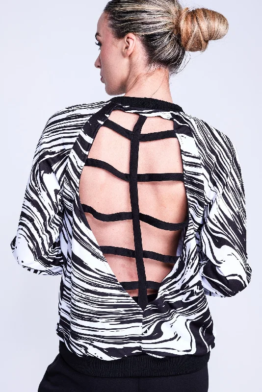Fierce Open-Back Sweatshirt in Swirl Hoodie with Hem Fringe Bohemian Relaxed