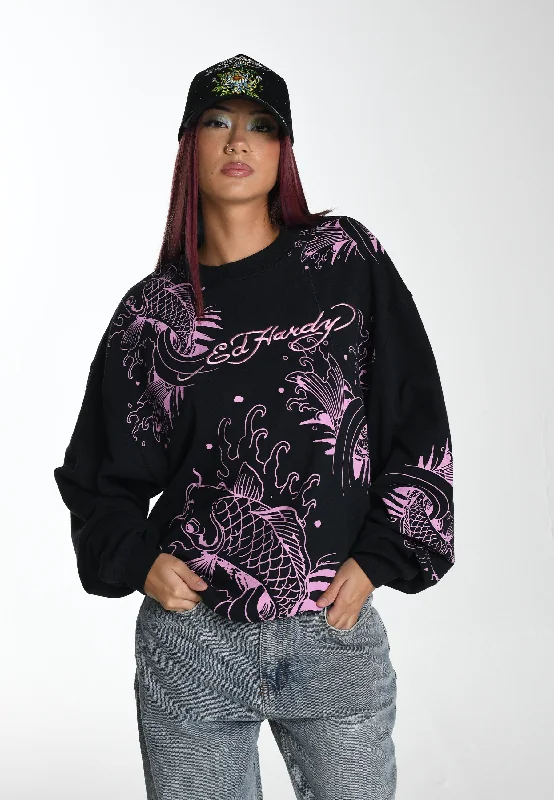 Womens Koi River Graphic Relaxed Crew Neck Sweatshirt - Charcoal Hoodie with Hem Applique Textured Unique Womens Koi River Graphic Relaxed Crew Neck Sweatshirt - Charcoal Hoodie with Hem Applique Textured Unique