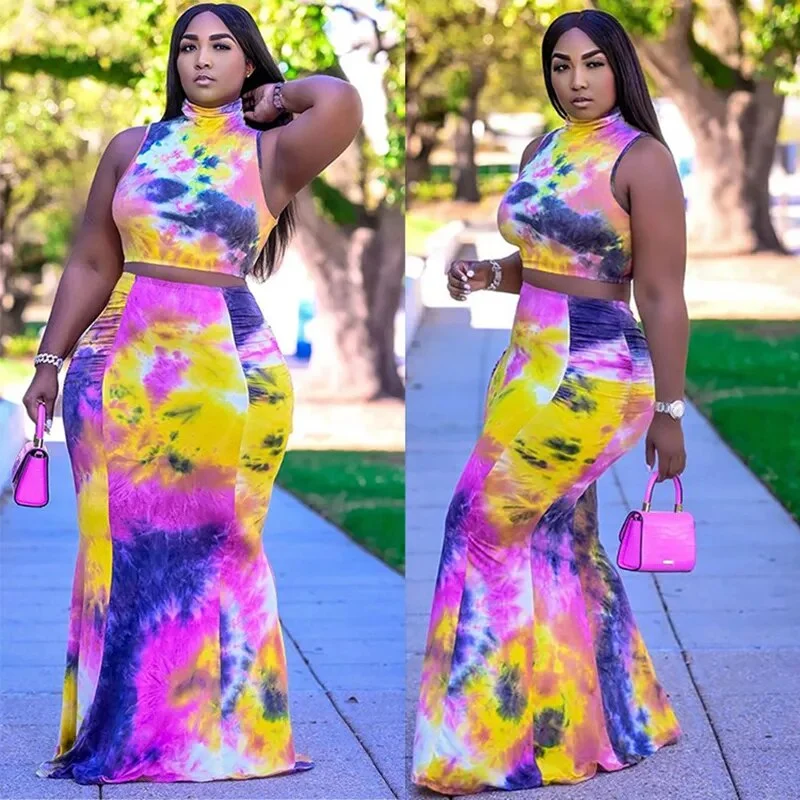 Women's Summer Sexy Tie-dye Long Bodycon Crop Top Skirt Sets relaxed fit skirt