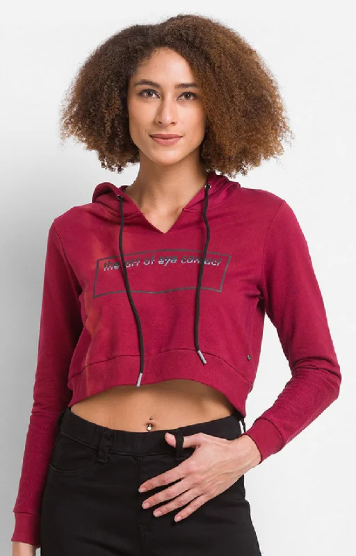 Spykar Wine Cotton Blend Full Sleeve Hooded Sweatshirts For Women Hoodie with Mesh Breathable Sporty
