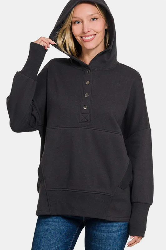 Zenana Half Snap Long Sleeve Hoodie with Kangaroo Pocket Hoodie with Puffed Sleeves Voluminous Trendy Zenana Half Snap Long Sleeve Hoodie with Kangaroo Pocket Hoodie with Puffed Sleeves Voluminous Trendy